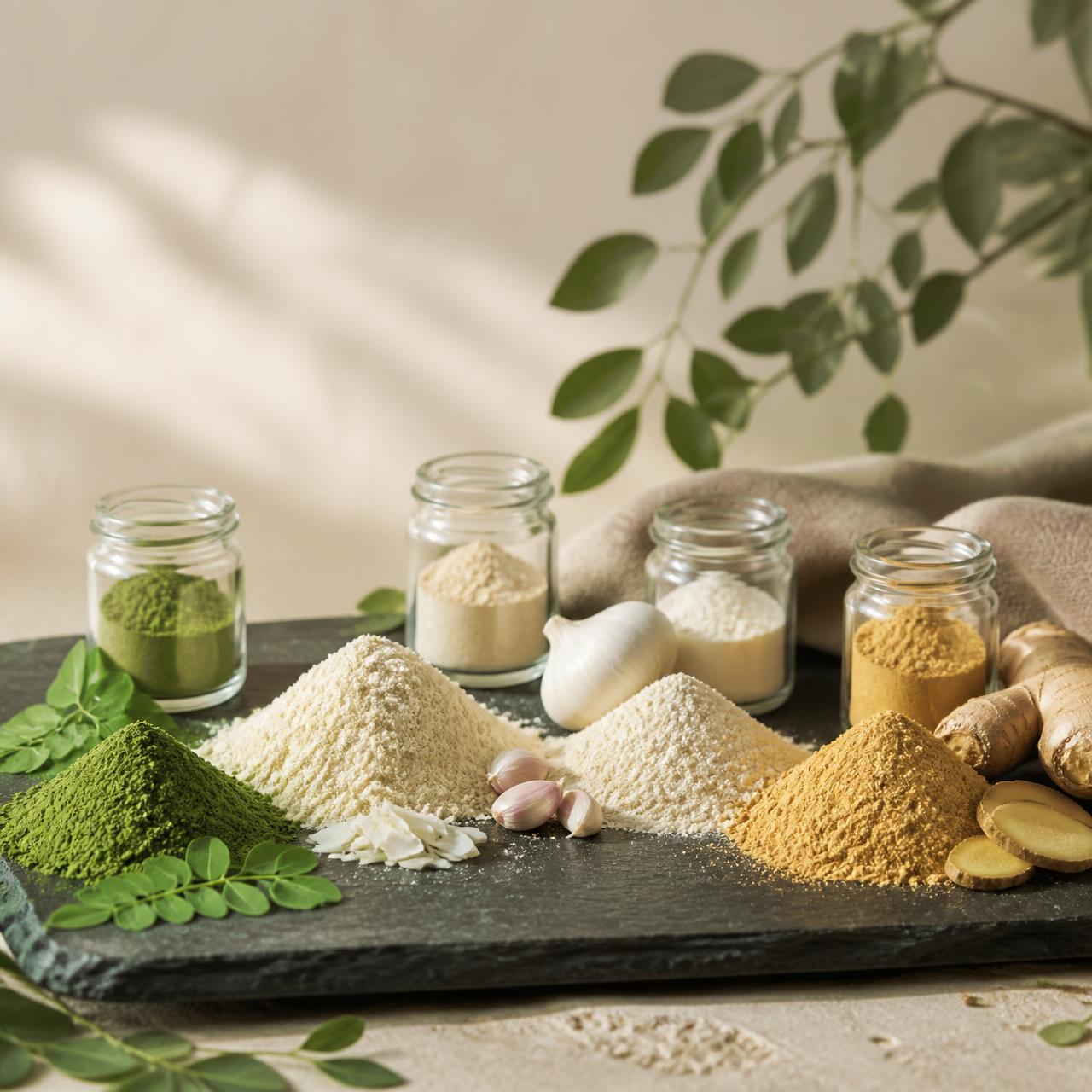 Moringa, dehydrated onion, garlic and ginger powders from India presented on a dark slate board