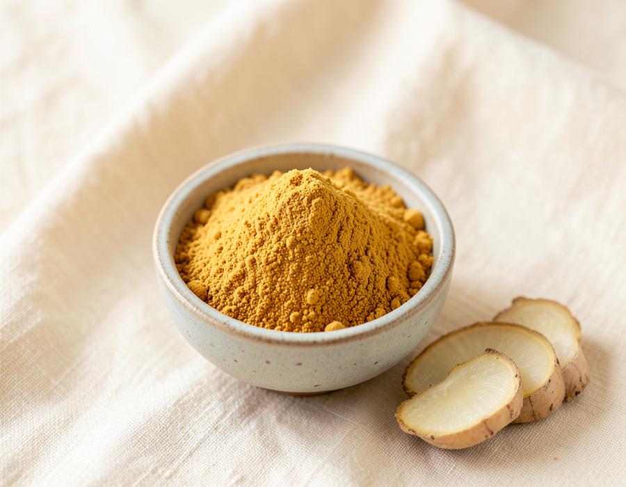 Golden Indian ginger powder in a ceramic bowl with fresh ginger slices